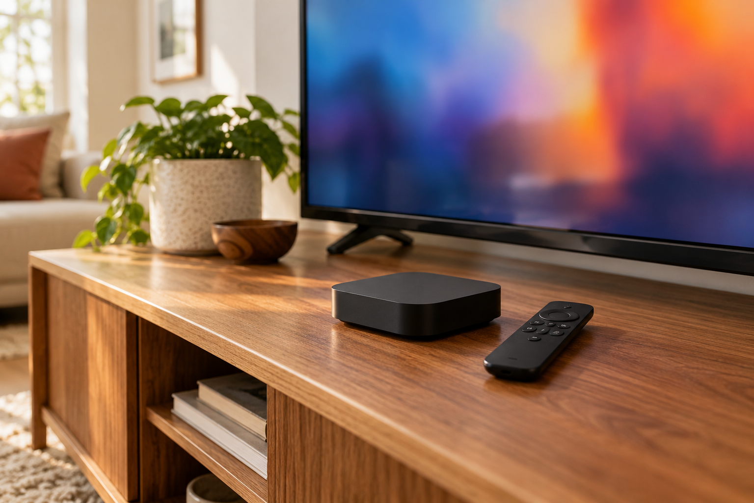 Illustrative image of an unbranded streaming box and remote on a living-room console