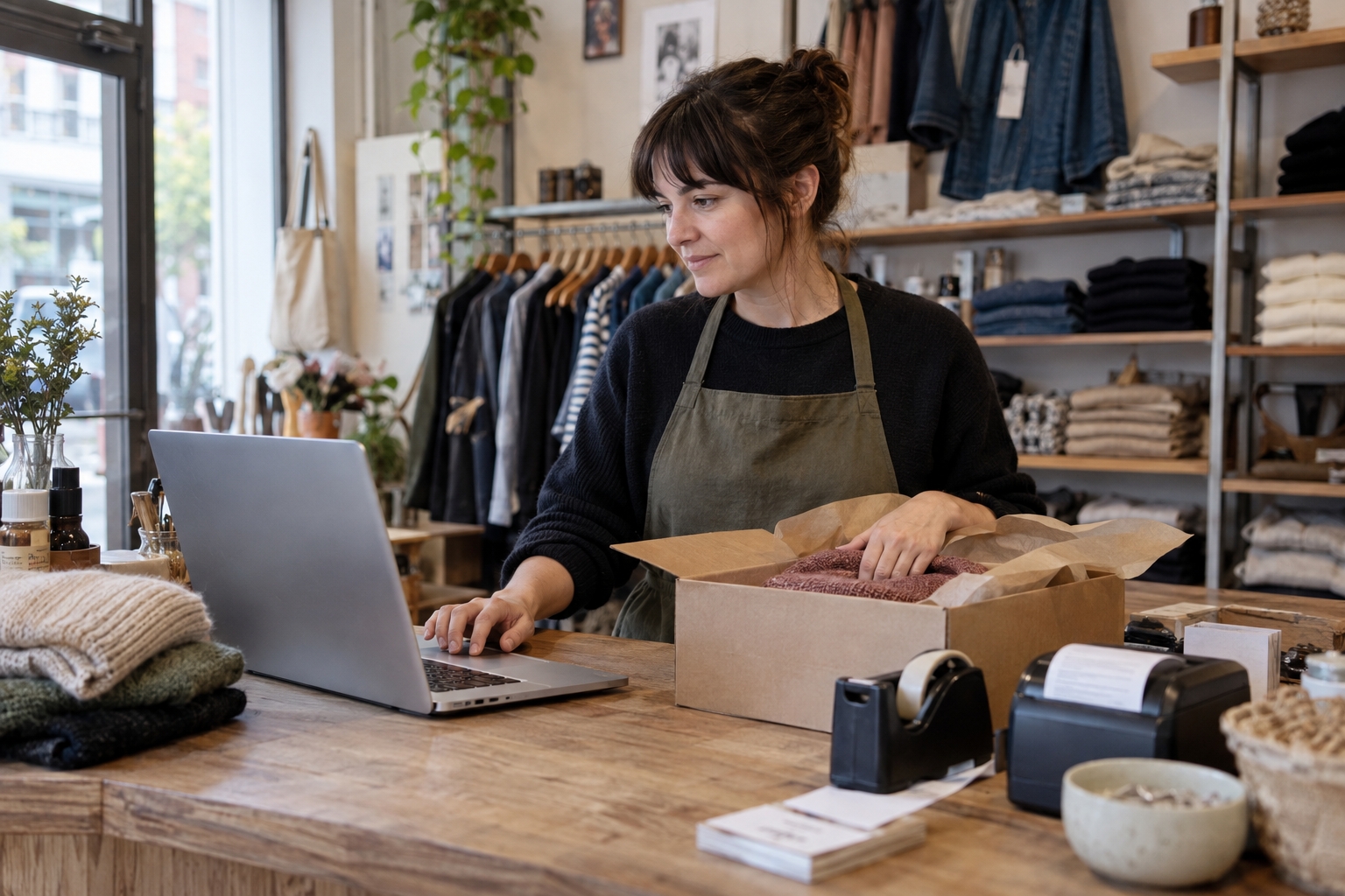A small shop owner preparing an online order while working on a laptop