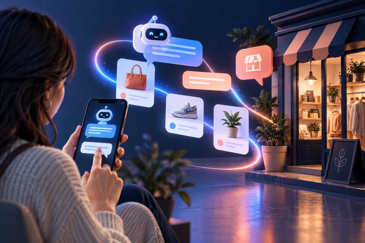 Original editorial illustration of a shopper having an AI-assisted conversation with a small business