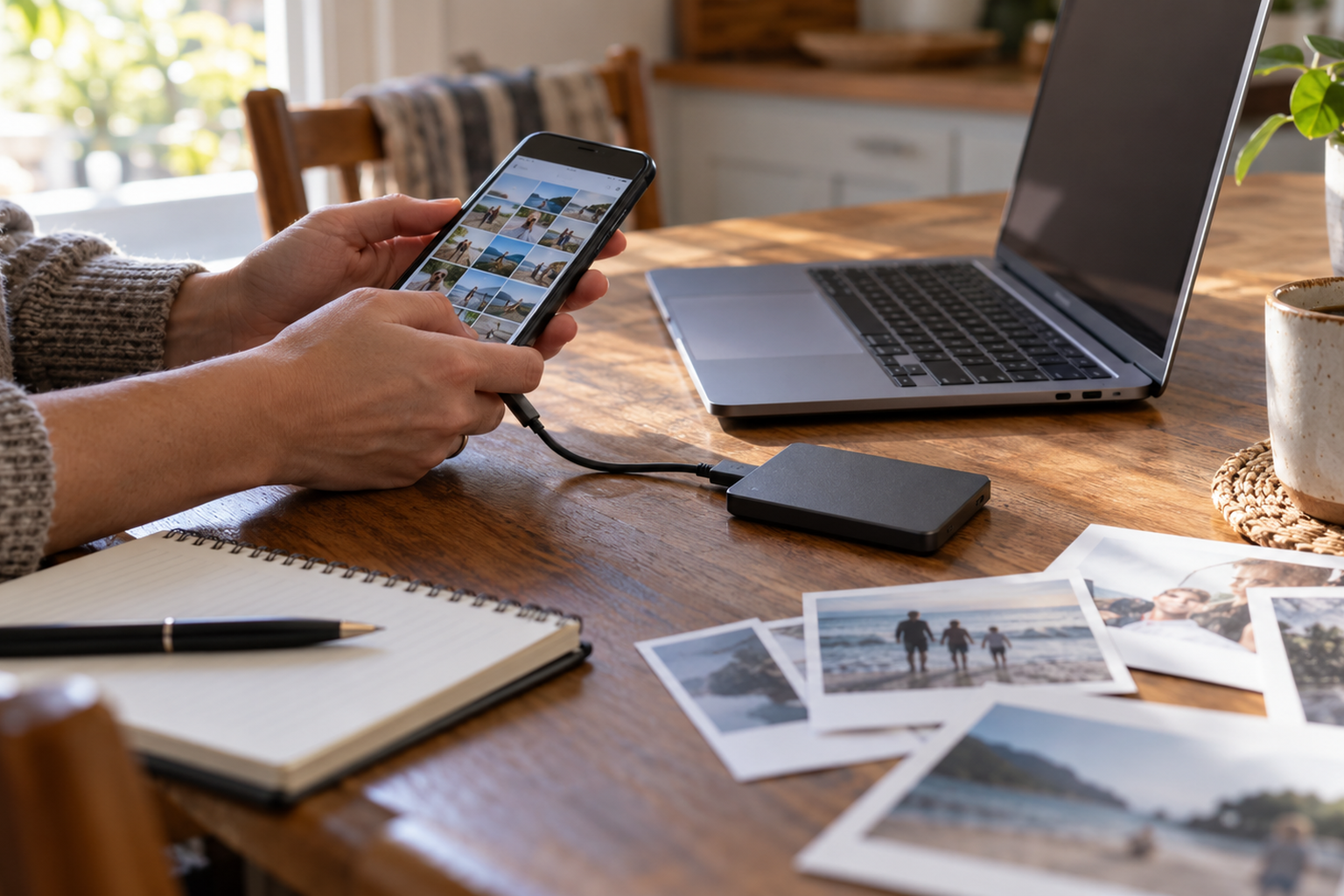 Illustrative image of a phone, external SSD and laptop on a dining table during a photo backup