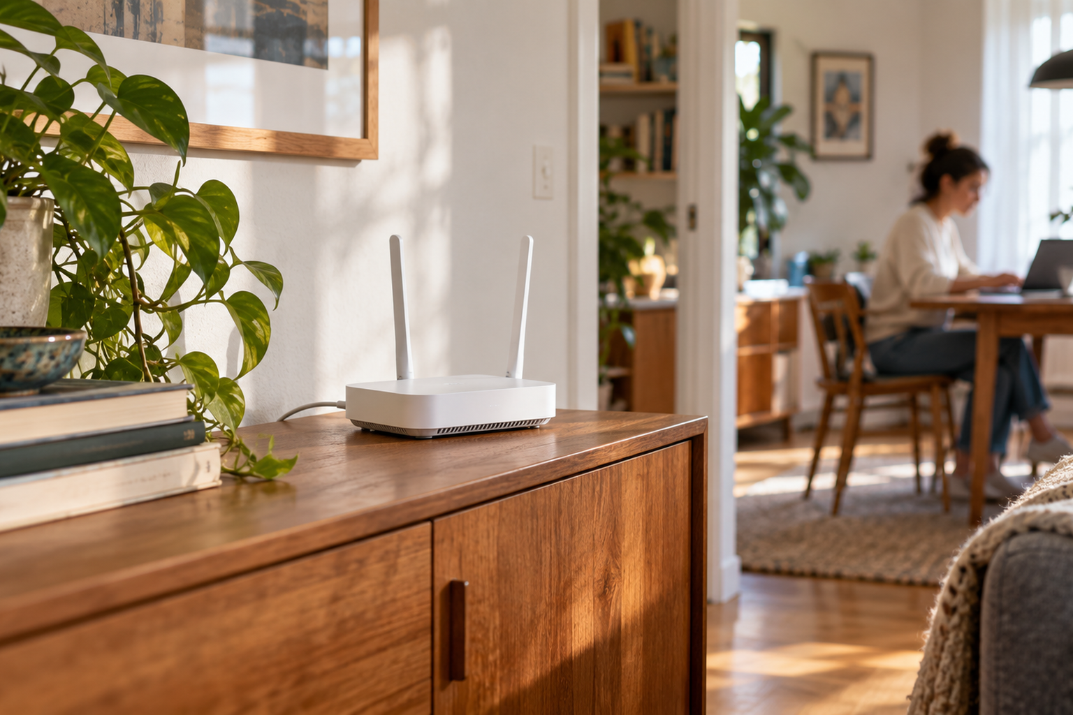 Illustrative image of an unbranded home router placed in the open near a living area