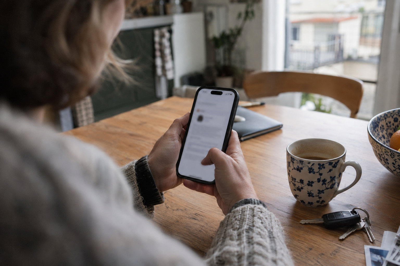 A person checking an iPhone at a kitchen table in natural daylight