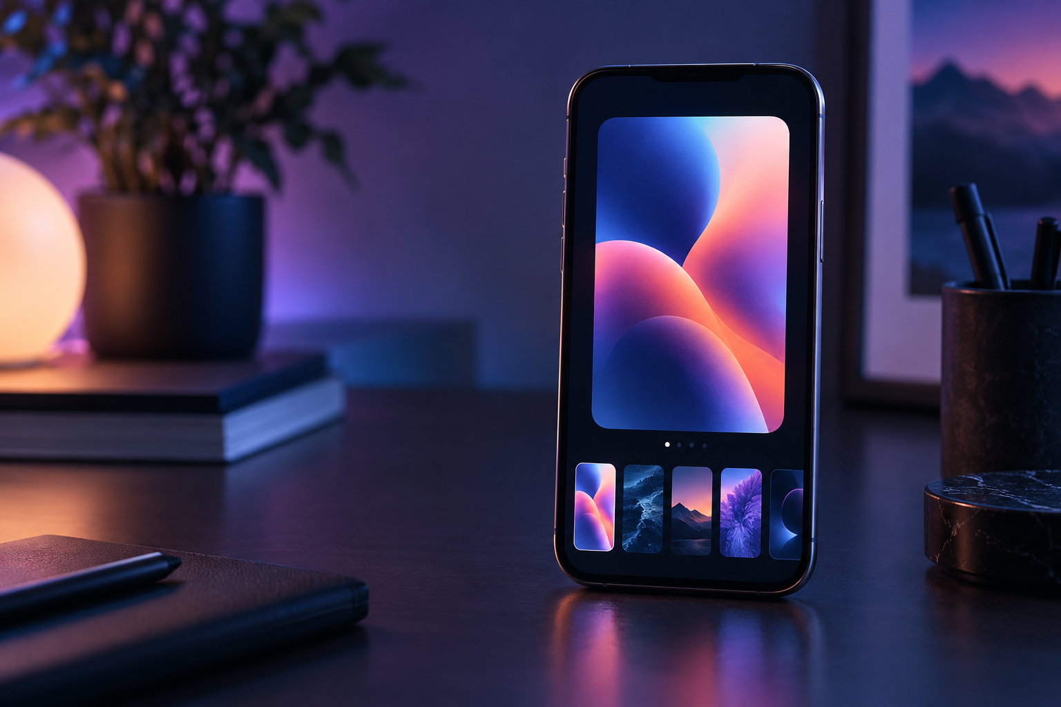 A smartphone displaying a custom colorful wallpaper gallery