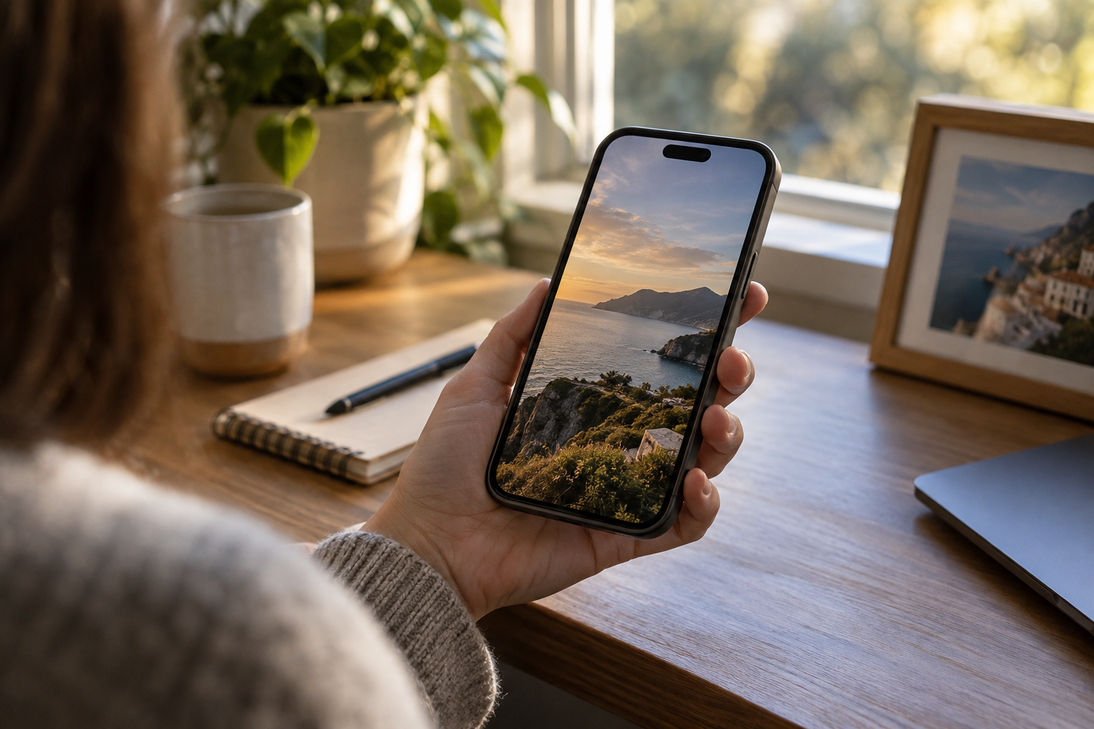 A person holding an iPhone with a landscape photograph set as wallpaper