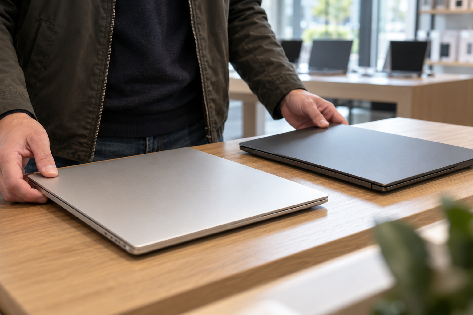 Illustrative image of a shopper comparing two unbranded laptops; these are not Googlebook models