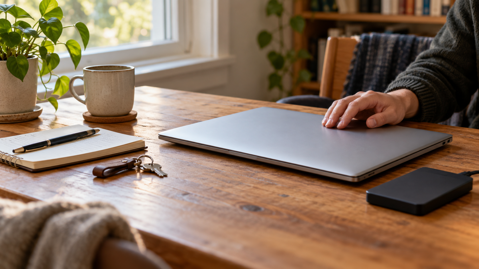 A closed generic laptop on a sunlit desk beside a notebook, keys and an external drive
