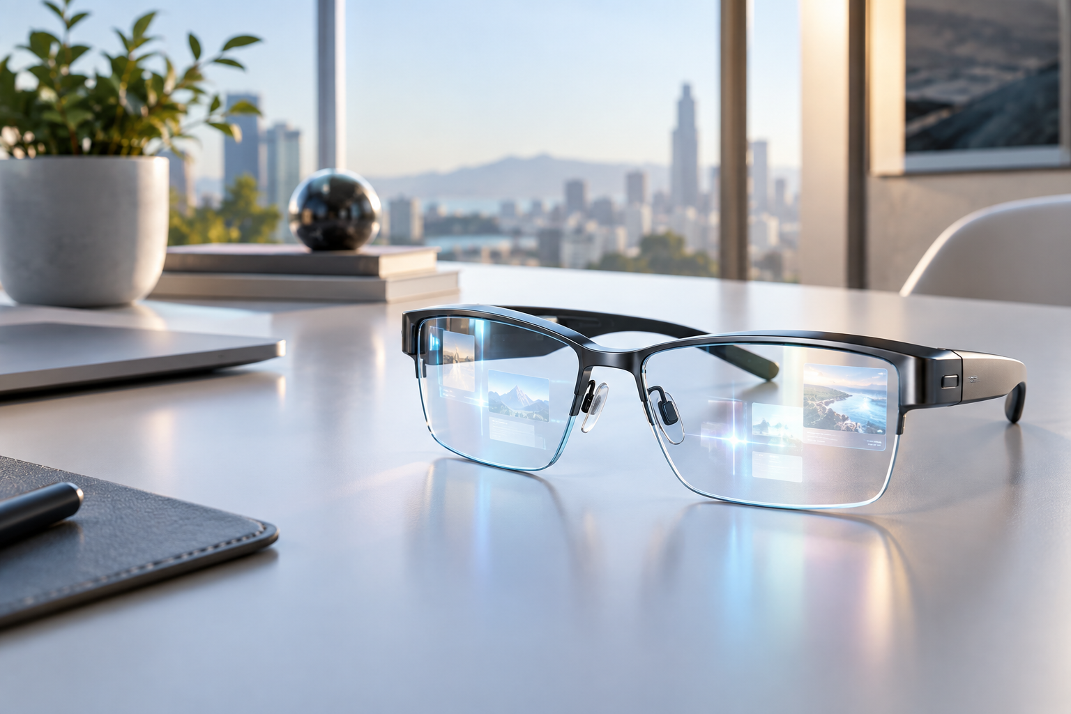 Original editorial image of lightweight smart glasses with subtle AI interface reflections