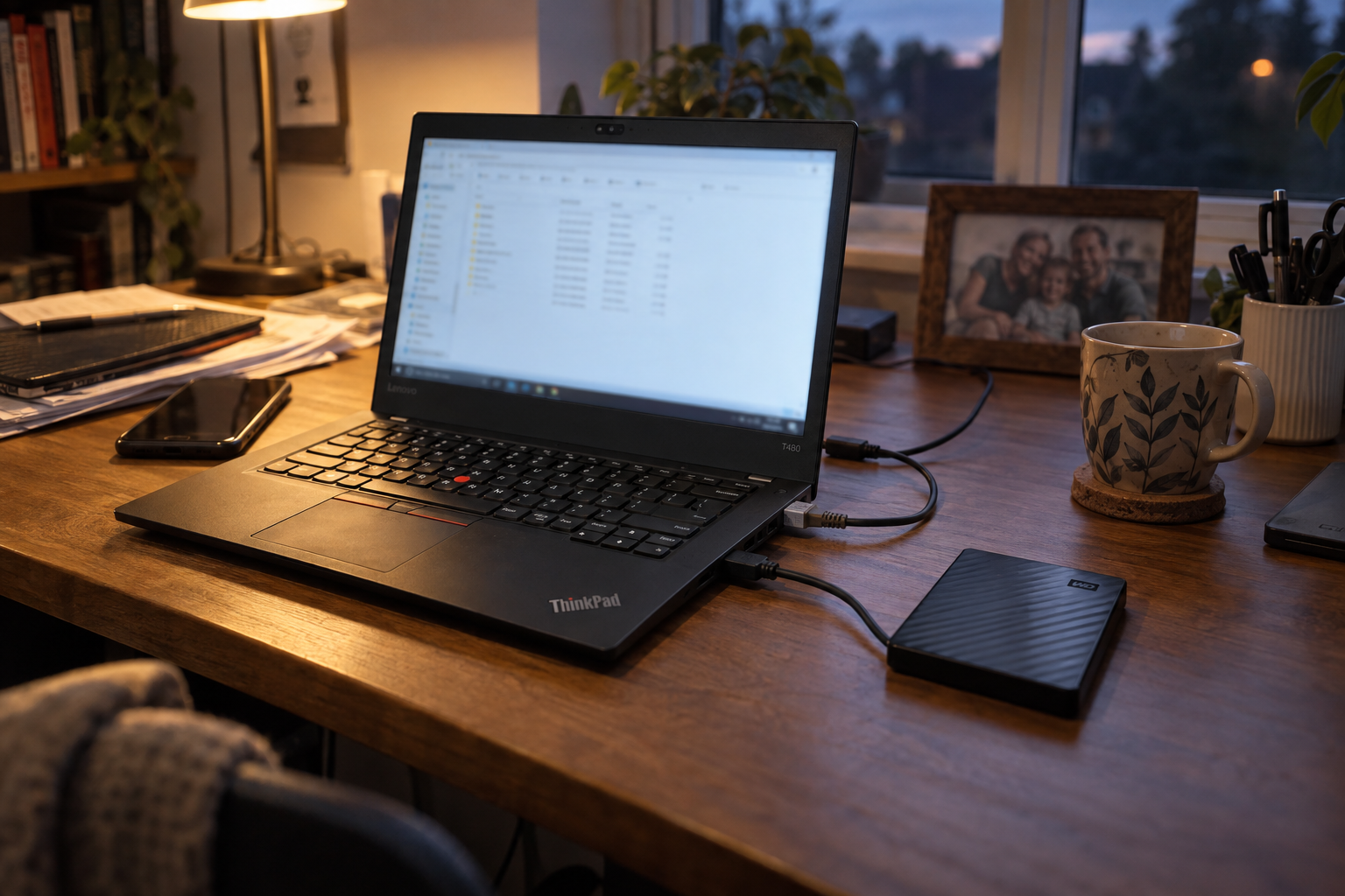A used ThinkPad and external drive repurposed as a family file server