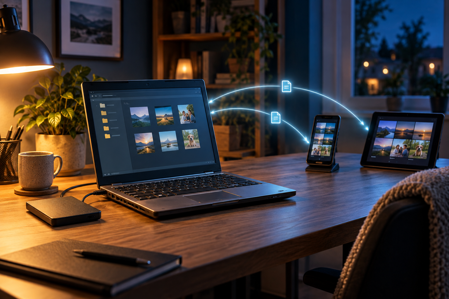 An old laptop serving family files from a warm home office