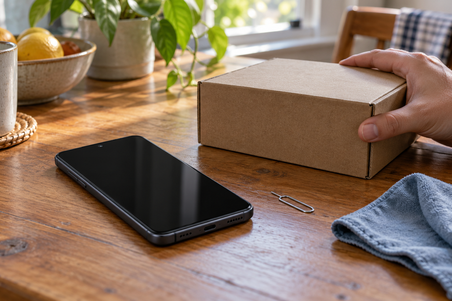 Illustrative image of a powered-off unbranded phone, SIM tool and plain resale box