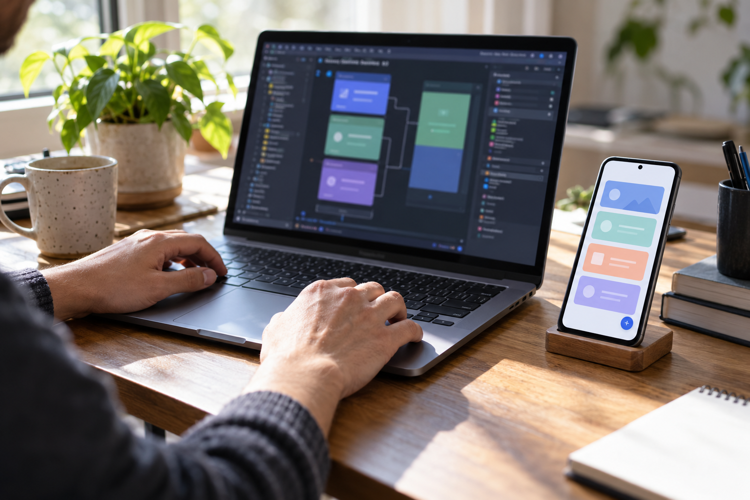 Illustrative image of someone working on a laptop beside an unbranded phone with generic app cards