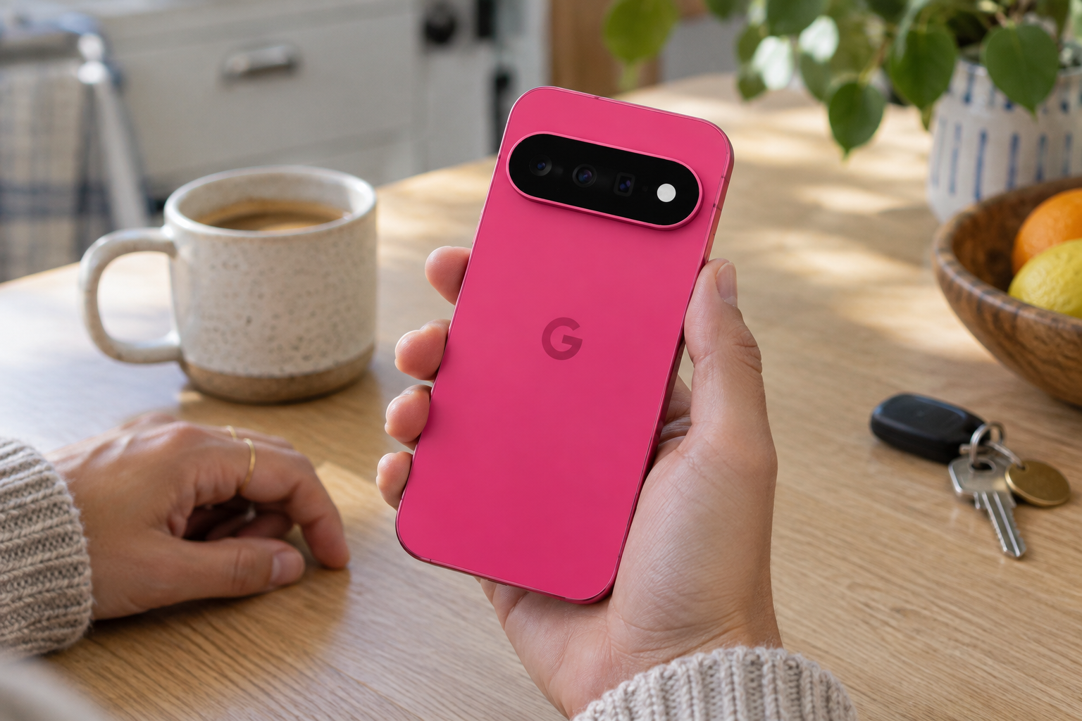 A real Google Pixel 11 phone held naturally at a kitchen table