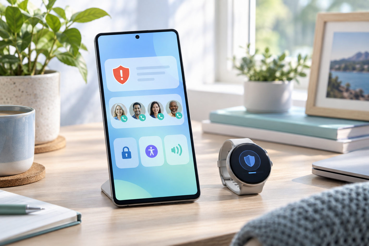 Original editorial image of a generic phone and smartwatch showing safety and favorite-contact controls