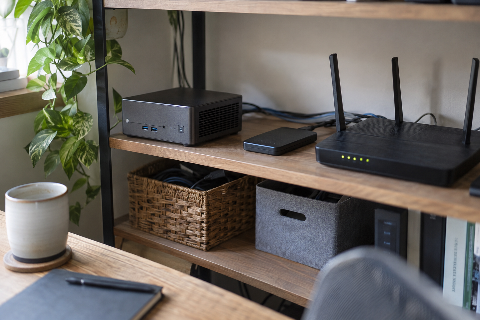 A compact home server, router, and external drive on an ordinary office shelf