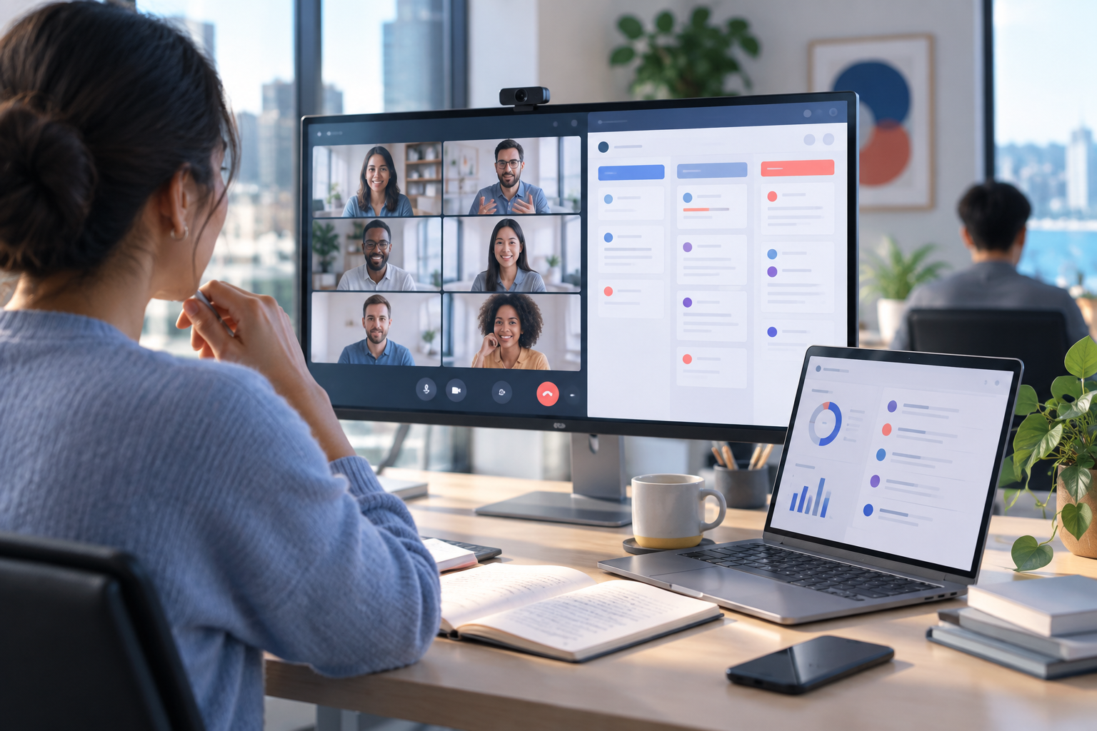 A bright workplace showing a video meeting and a shared planning board