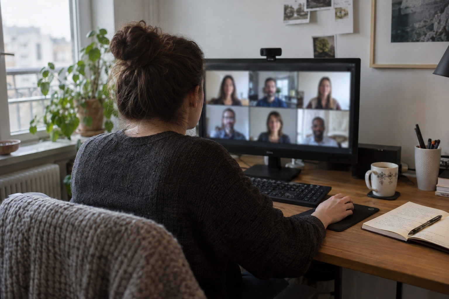 A remote worker joining a video meeting from a home office