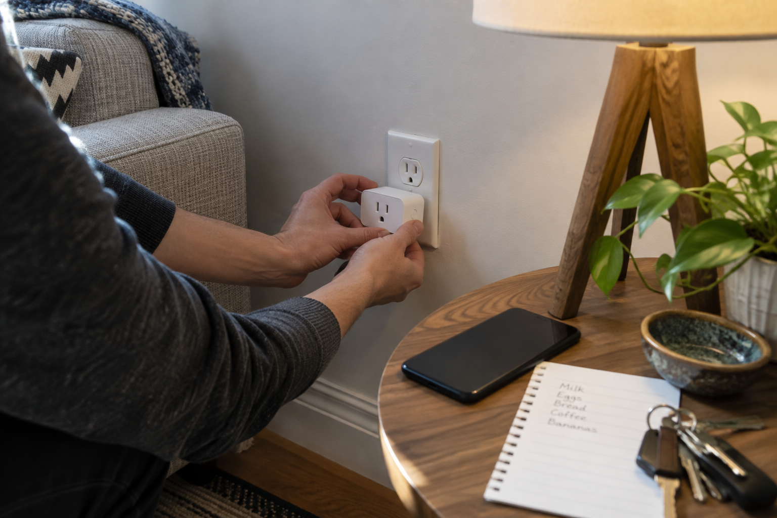 A person connecting a smart plug beside a living-room lamp