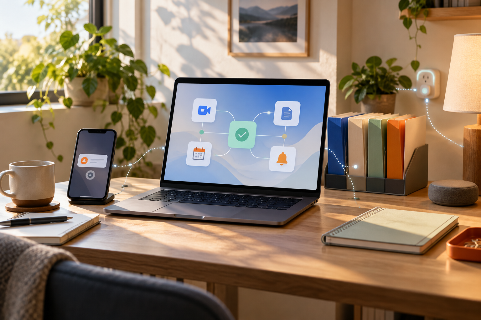 A home workspace with small digital workflows connecting everyday tasks